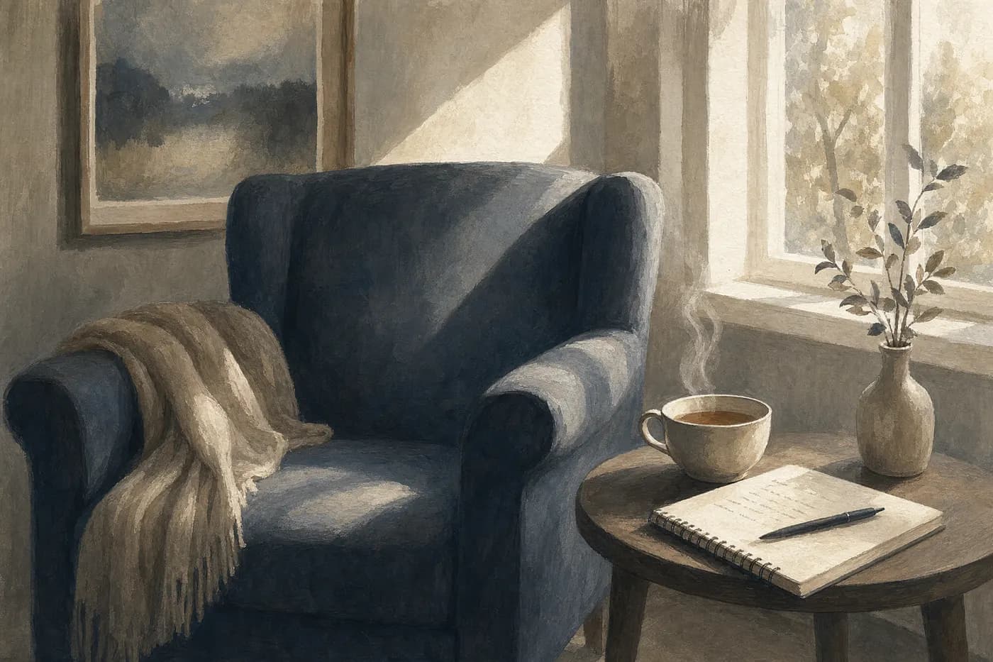 Painted scene of an inviting armchair by a bright window with a folded blanket, notepad, and steaming tea