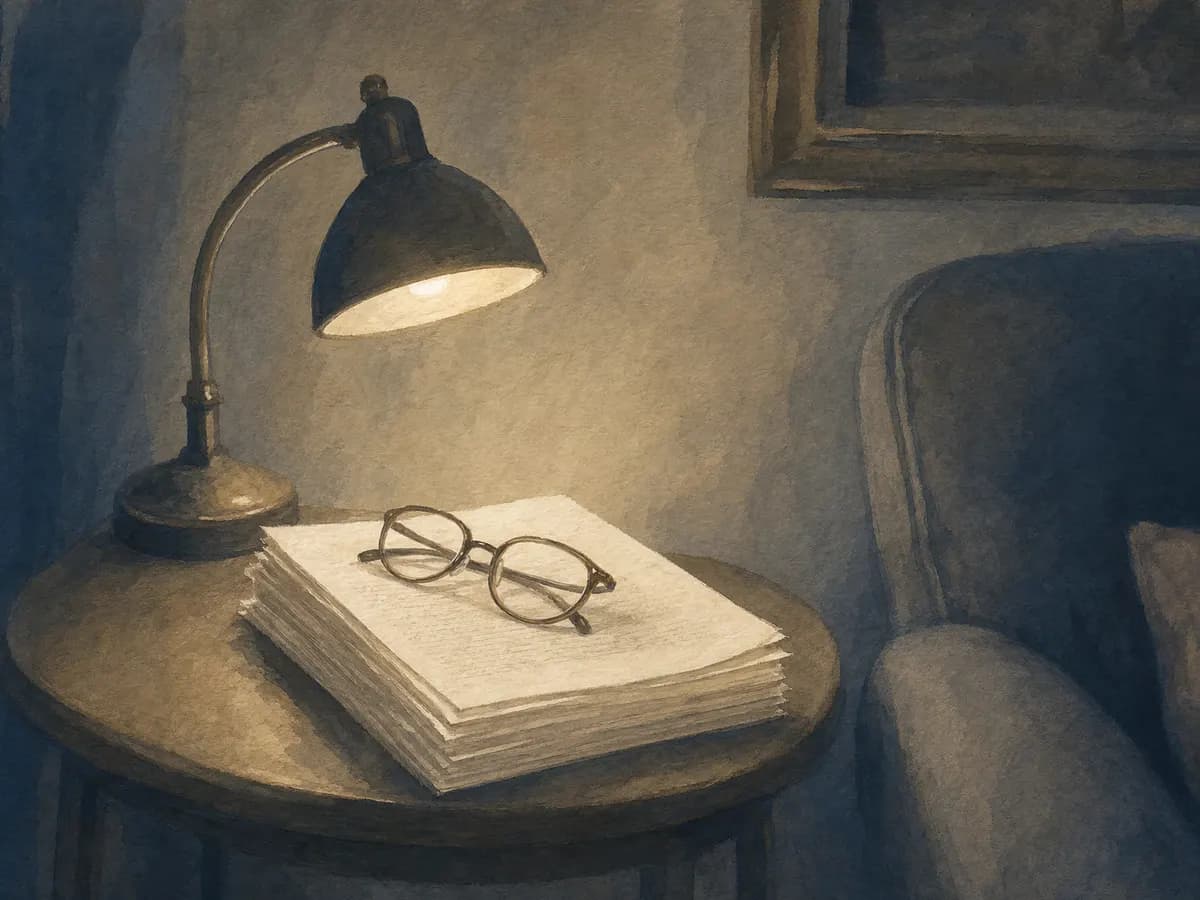 Painted still life of finished pages squared neatly under a warm reading lamp with glasses resting on top