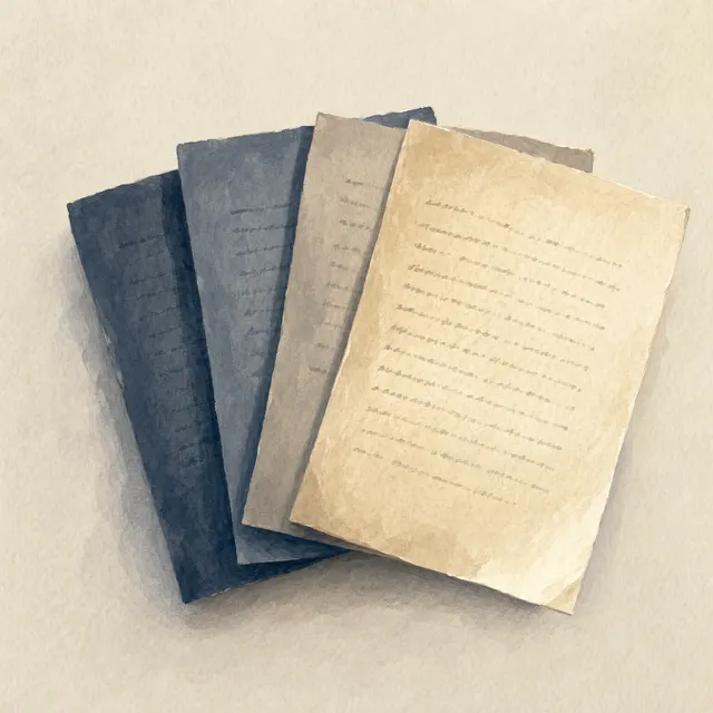 Illustration of four draft pages fanned like a hand of cards