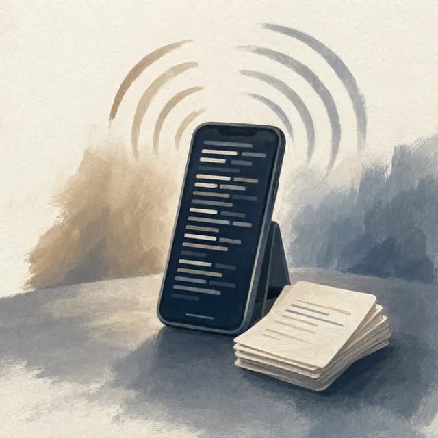 Illustration of a phone showing teleprompter lines beside a stack of flashcards