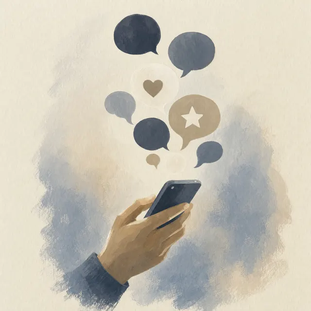 Illustration of a hand holding a phone with speech bubbles rising from it
