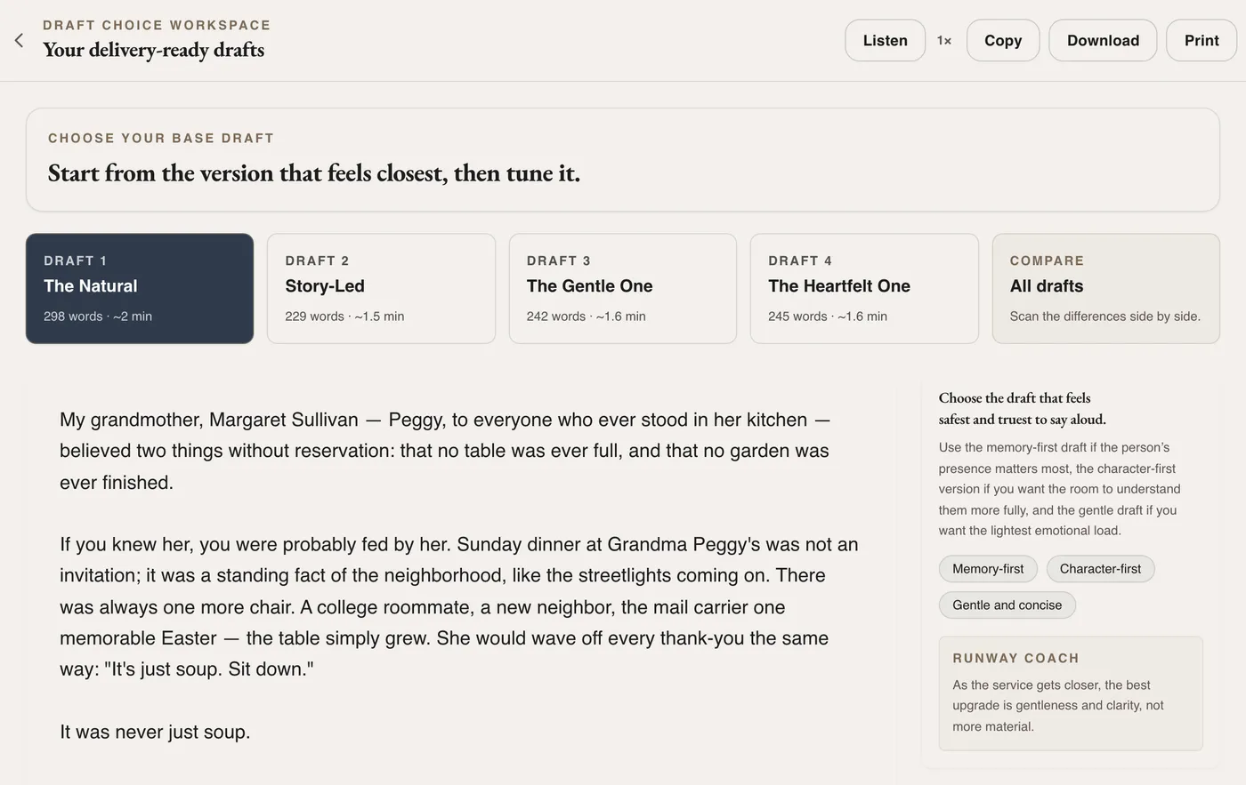 Screenshot of the writing workspace showing four gentle drafts of a eulogy in tabs, an editable tribute, and a quiet guidance sidebar