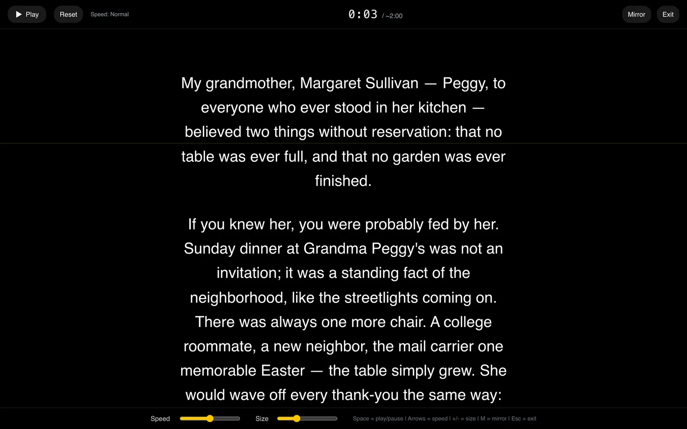 Screenshot of the practice teleprompter displaying a eulogy at a calm reading pace, with unhurried play and speed controls